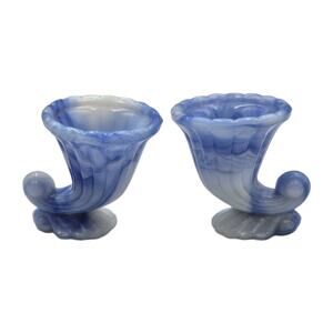 2 Akro Agate Blue/White Marbled Slag Glass Cornucopia Vase Toothpick Holders 3"